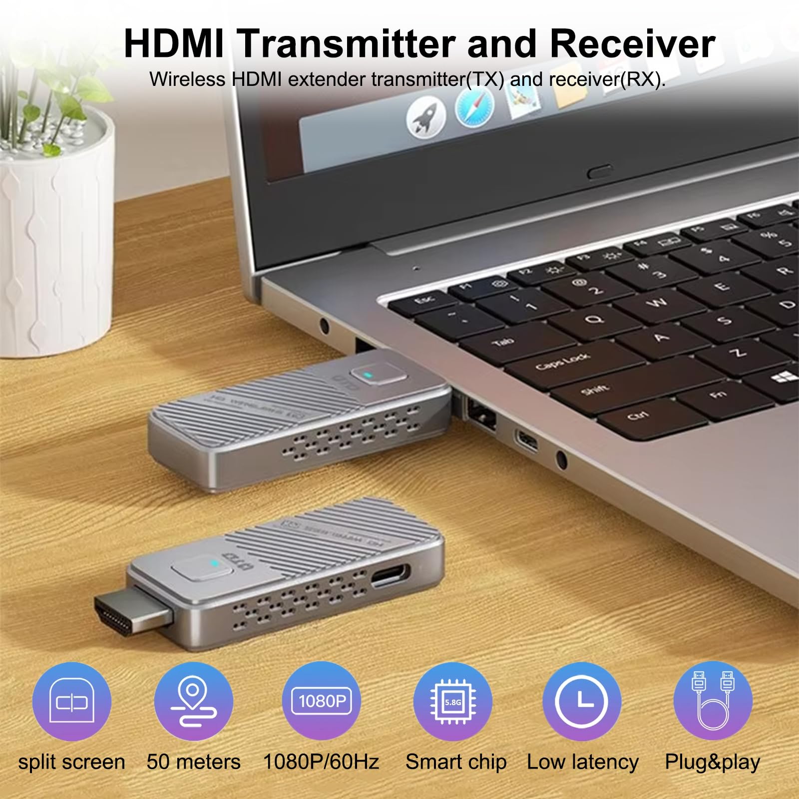 HDMI Transmisor y Receptor inalámbrico, Extensor HDMI de 165FT/50m, decodificación 4K y Salida 1080P, portátil Plug&Play de 5G+2.4G para transmitir Video y Audio a un Monitor Desde Laptop/PC/TV Box