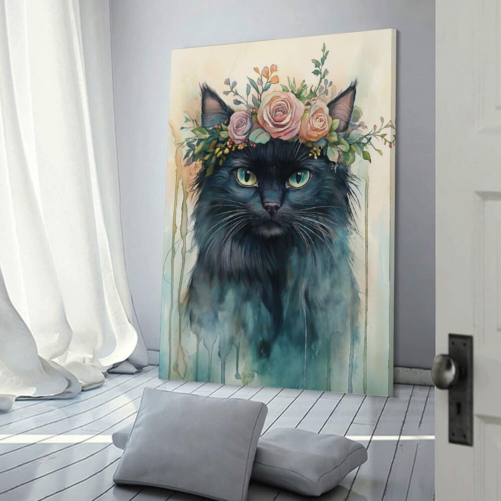 Junmoney Black Cat with Floral Crown Wall Art Print, 24x36inch(60x90cm), for Study, Office Or Focused Interiors, Home Office Artwork with Decorative Appeal