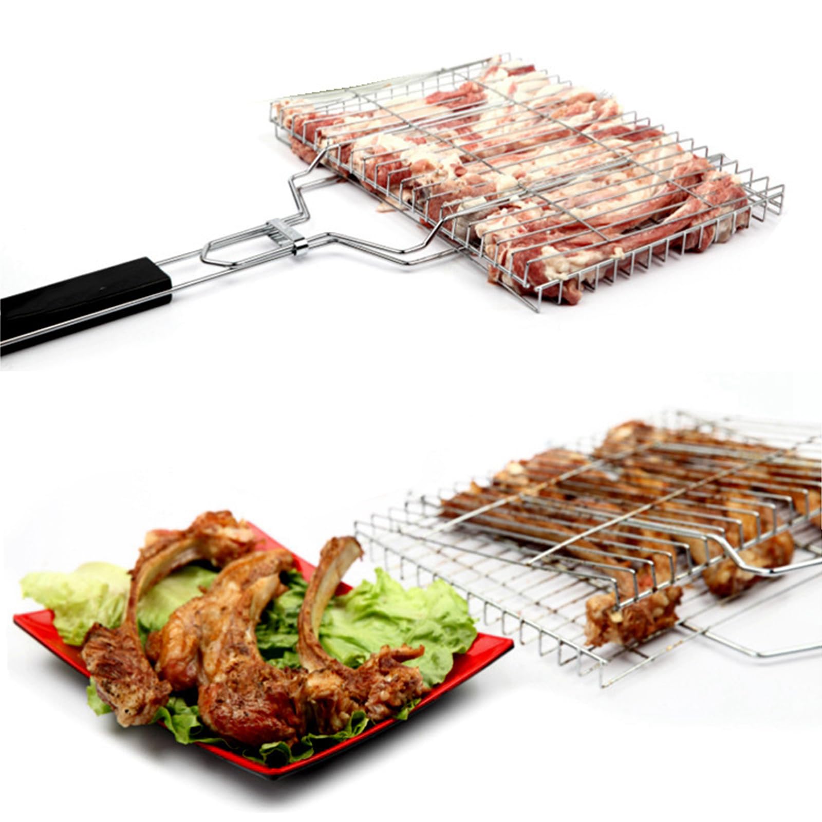 Panier Grille pour Barbecue, Grille de Barbecue Portable avec Poignée Amovible en Bois, Accessoires de Barbecue Grille Panier pour Poisson Rôti, Crevettes, Légumes, 32 x 22 x 3.5 cm