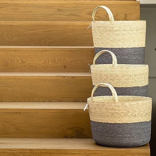 Miniatura 6 de JACINTO - Cesta de palma hecha a mano gris oscuro, ecológica, fabricada con materiales biodegradables, perfecta para usar como decoración, como