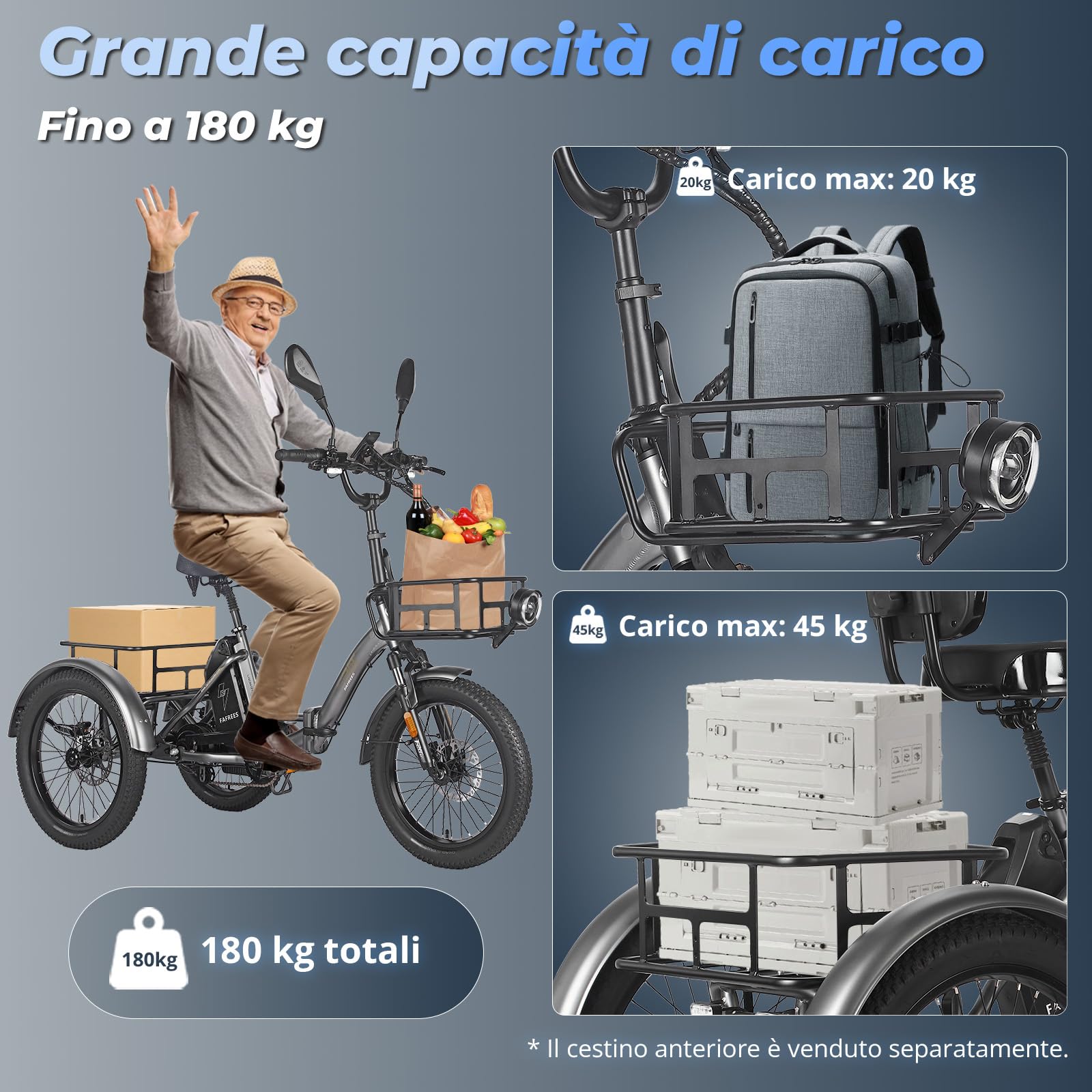Fafrees F20 Mate Triciclo Eettrico, Fatbike Pieghevole da 20" x 3,0", Batteria da 48 V/21 Ah, Sella con Schienale, Triciclo Elettrico da Carico per Adulti e Anziani, Autonomia 70-120 KM