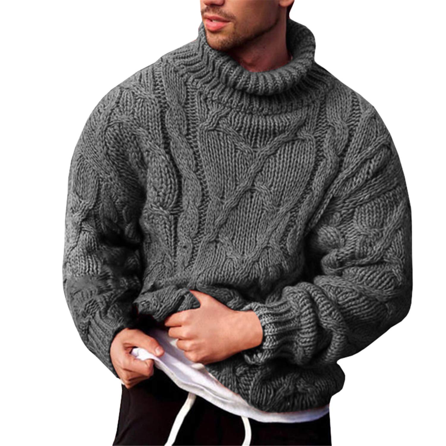 Vdnerjg Men's Thermal Turtleneck Sweater Long Sleeve Cable Knit Casual Chunky Pullover Jumper, Grey, XL