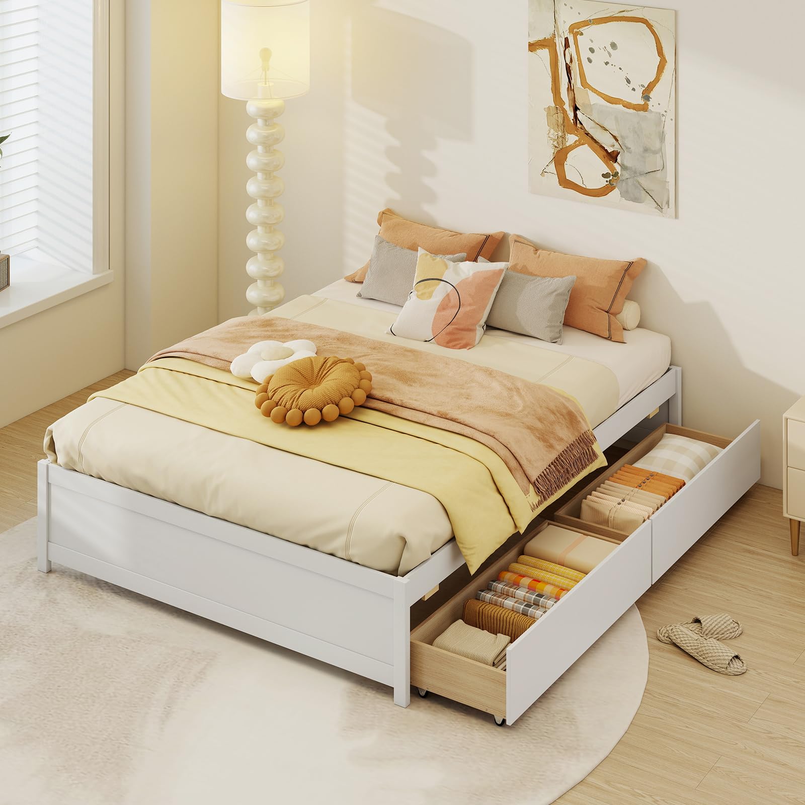 IFANNY Wood Queen Bed Frame with Storage Drawers, Wood Platform Bed Frames with Footboard, Strong Wooden Slat Support, Space-Saving Daybed Frames for