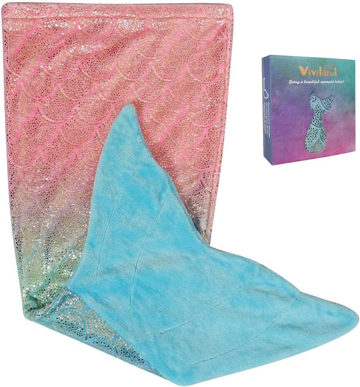 Viviland Kids Mermaid Tail Blanket - Girls Toddlers Mermaid Toys - Flannel Mermaid Blanket Gifts for Girls - Glittering Rainbow Ombre Mermaid Tale Blanket - Blue Tail 17"×39"