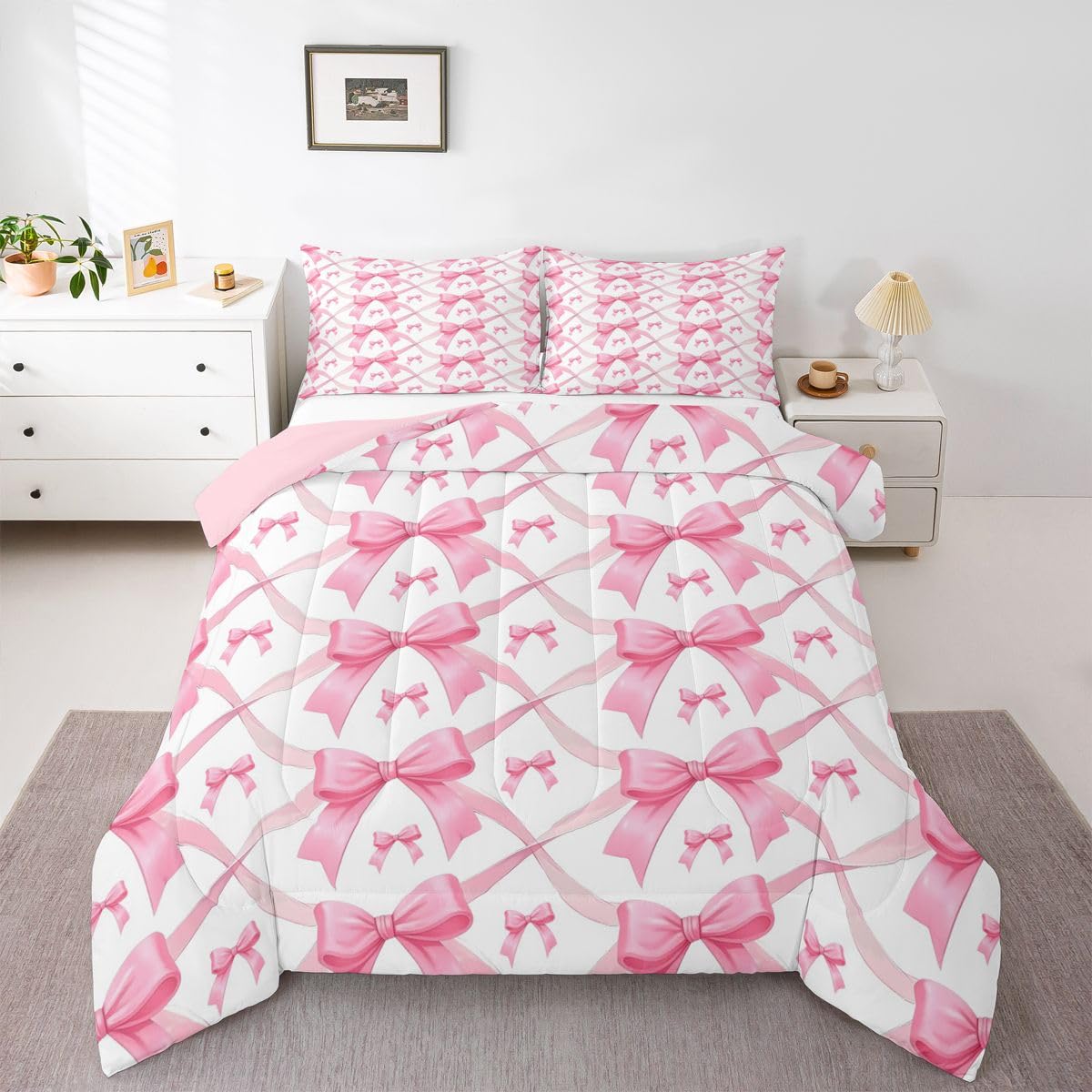 Erosebridal Girly Bowknot Comforter Set Full Size Kawaii Bow Tie Bedding Set for Kids Boys Girls Coquette Pink Bows Comforter Cartoon Aesthetic Quilt Bedroom Decor