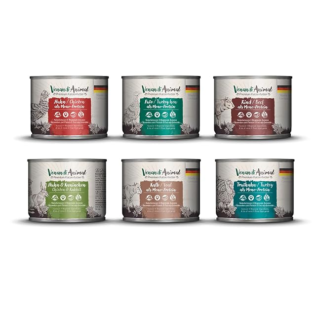 Venandi Animal Premium comida húmeda para gatos, paquete de prueba III, pollo, pavo, ternera, pollo + conejo