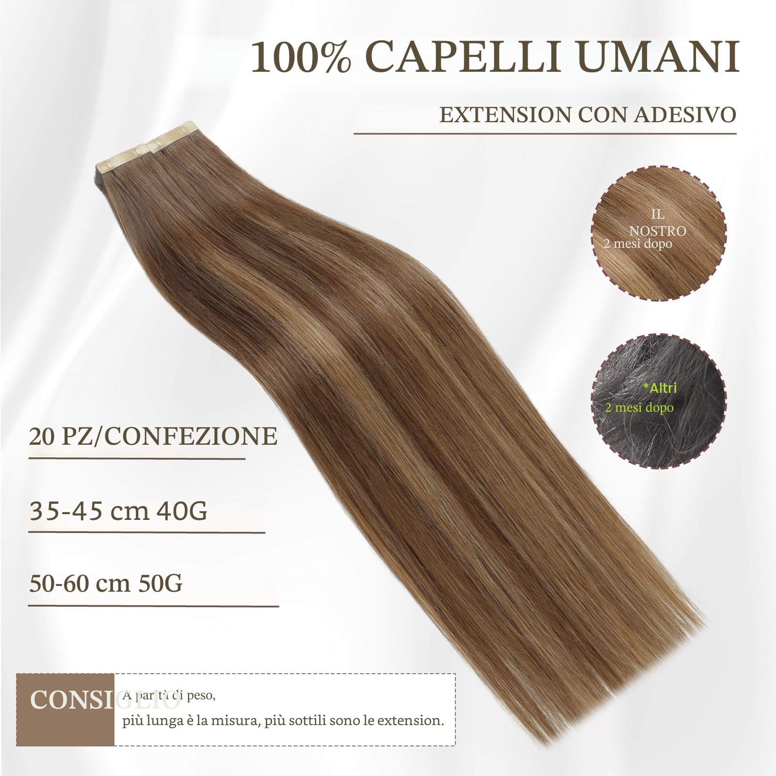 ShowJarlly Extension Capelli Veri Biadesivo 20pcs Extension Capelli Veri 50cm Castano Cioccolato con Biondo Caramello Estensione Biadesive Capelli Veri Remy Estensione Biadesive 50g(20inch,4/4/27#)