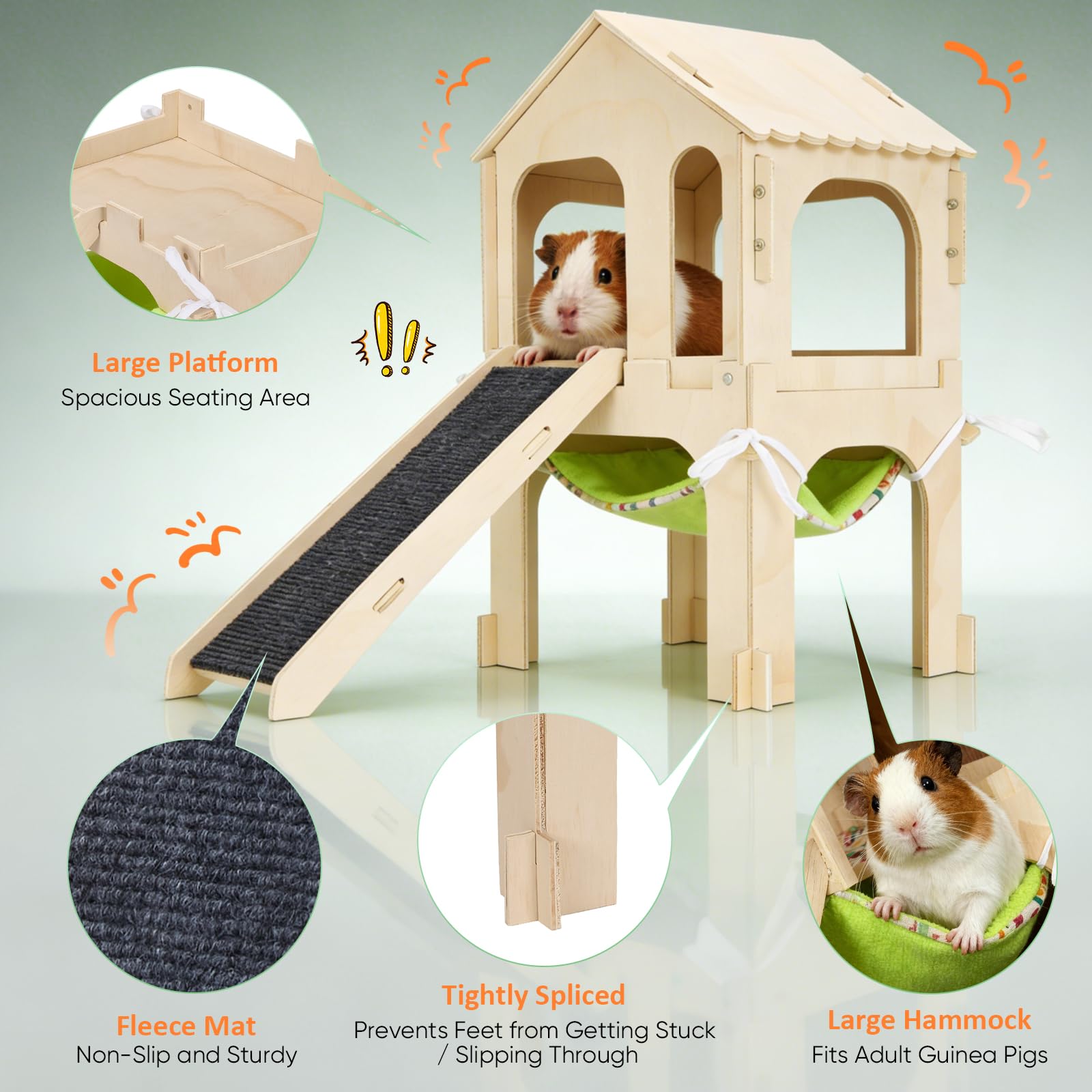 Casa per porcellino d'india in legno 3 in 1 con rampa, amaca e piattaforma | Accessori per porcellini d'india su 2 livelli per gabbie, meerschweinchen zubehoer con tessili lavabili