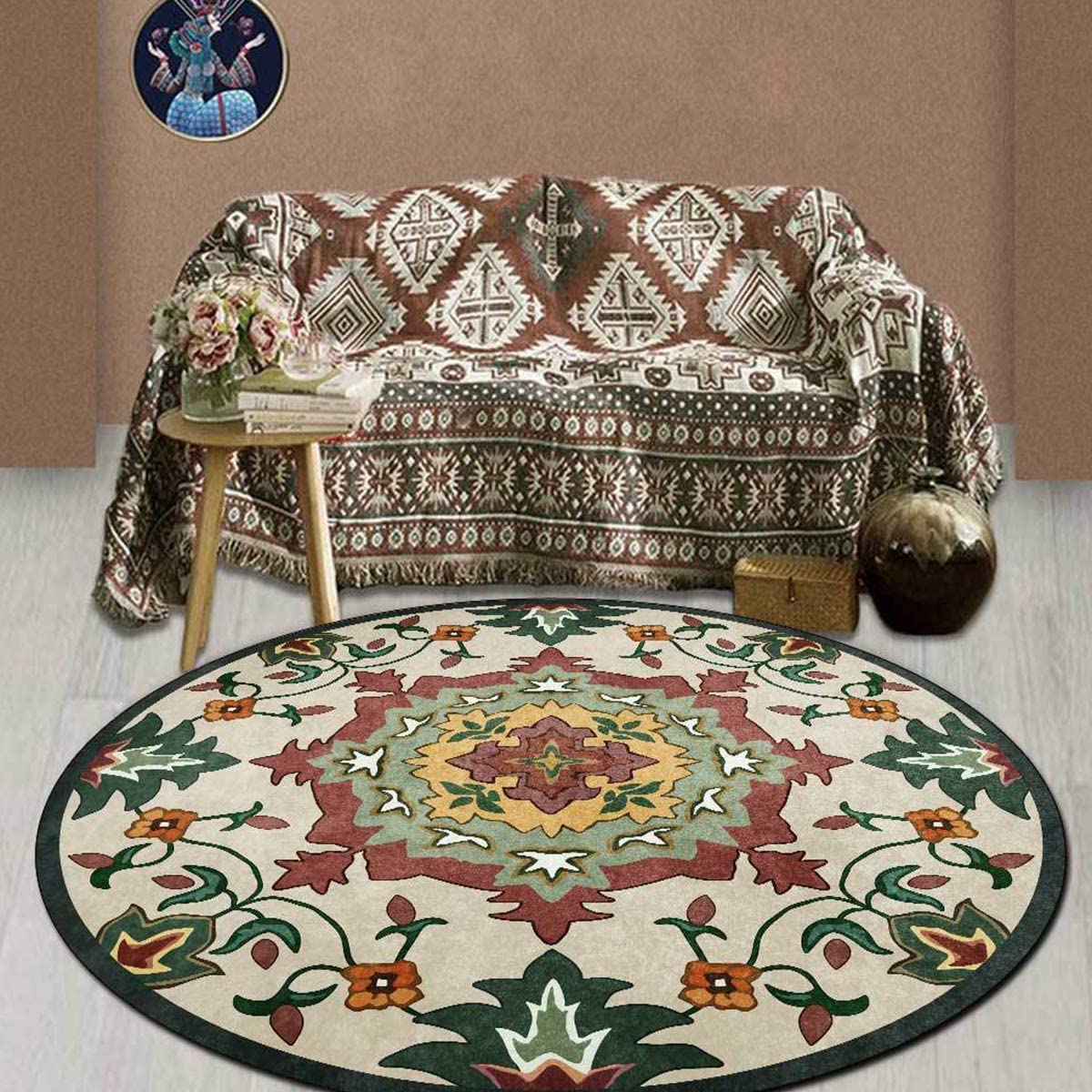 Vintage Bloemen Rond Vloerkleed Woonkamertapijt In Etnische Stijl Met Print Balkon Theetafel Koffiebar Bar Decor Vloeroppervlak Mat (Size : 160cm