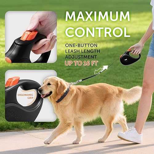 Miniatura 6 de TUG Correa retráctil para perro de 360 sin enredos  Cinta de nailon fuerte de 16 pies (pequeña, negronaranja)