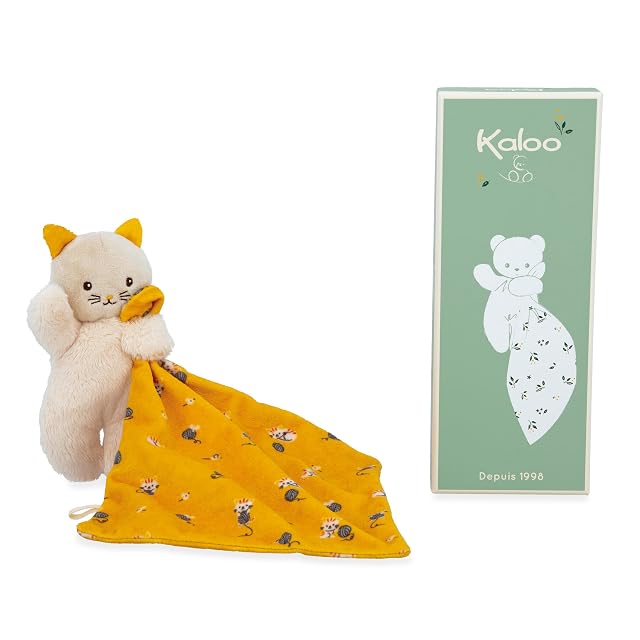 Kaloo - Carré Douceur - Doudou Gato Amarillo - Peluche Bebé - Cuadrado 18 x 18 cm Amarillo - Materiales Ecorresponsables - Caja Regalo FSC - Desde el Nacimiento, K226003