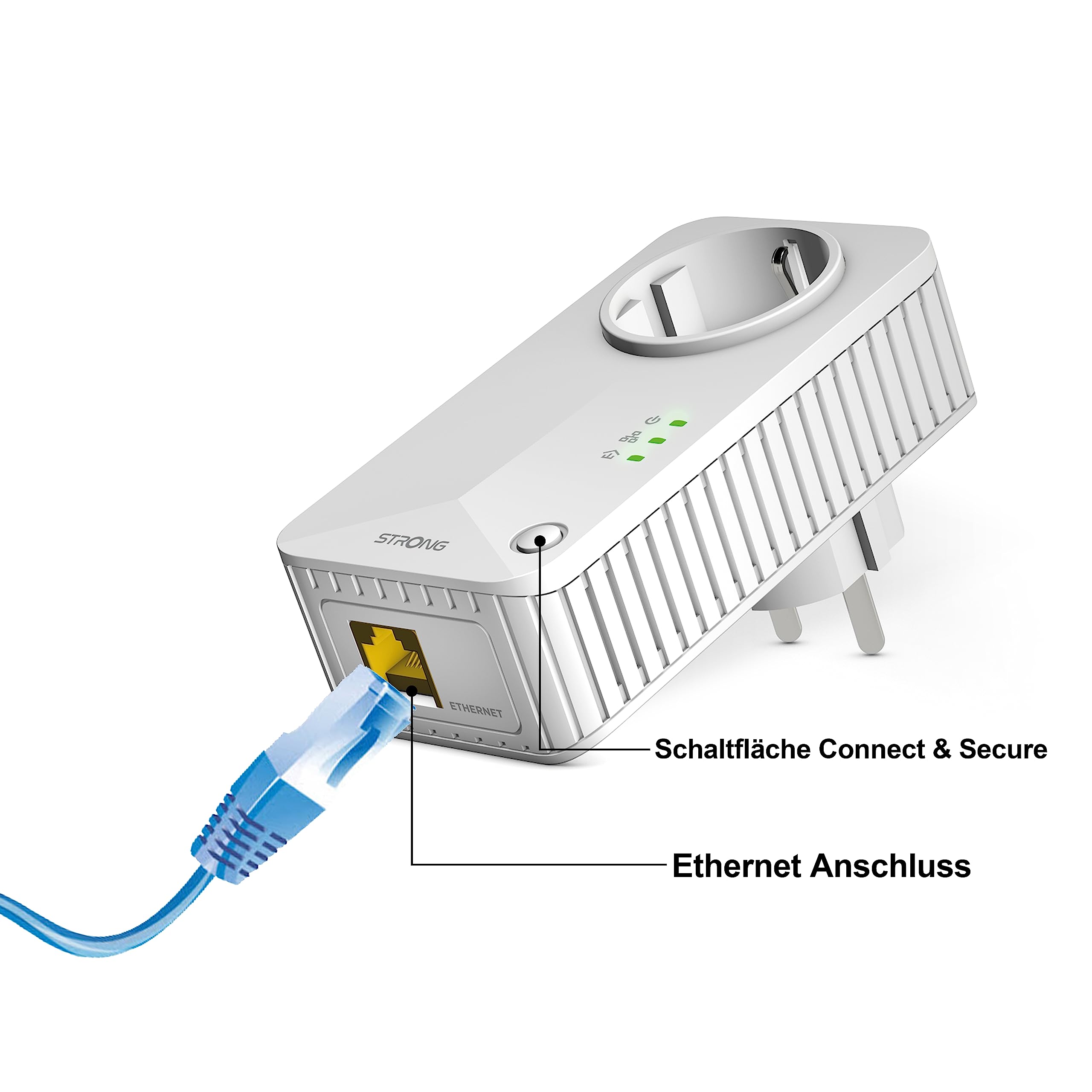 STRONG - Powerline 600 Triple Wi-Fi EU Set - 2 Powerline 600 Mbps + WLAN Adapter 300 Mbps, Fast-Internetzugang - integrierte Steckdose - 300 m Reichweite - Für alle Router - Hotspot + Ethernet - weiß