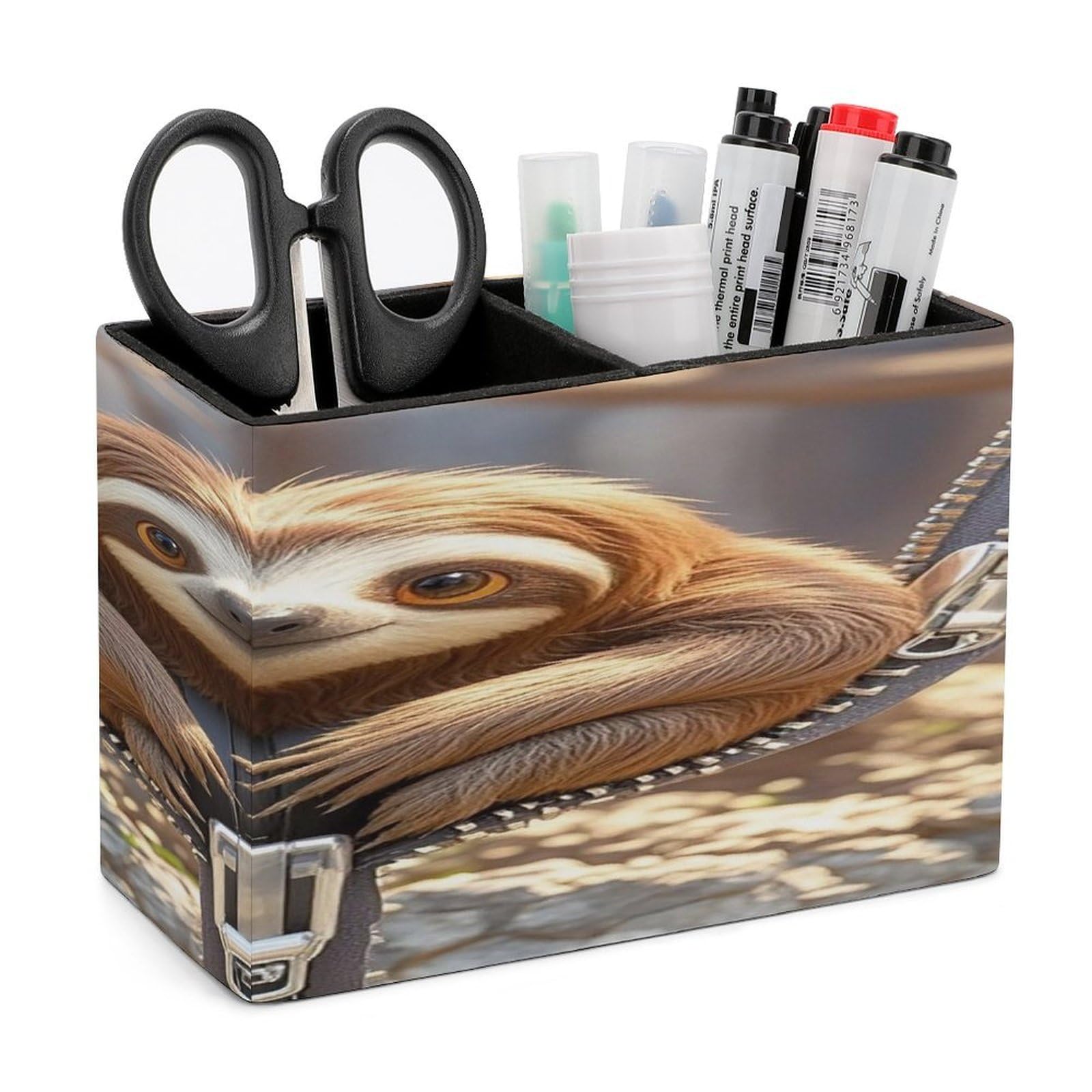 LZQPOEAS Sloth on Zipper Leather Pen Holder with 2 Compartments Luxury Pencil Holder Minimalist Pencil Cup Brush Scissor Holders Elegant Pen Cup for Office Home Desk Accessories