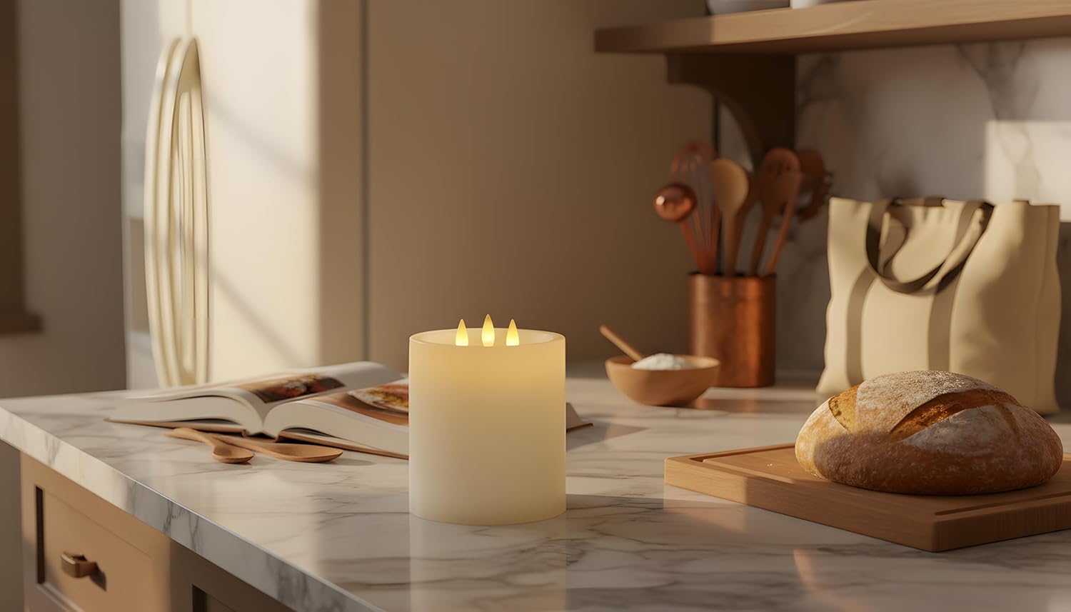 3-Wick Flameless Pillar Candle with Remote Timer, 3D Moving Flame Real Wax Led Candles (Ivory with 3 Wick, 6.5in)