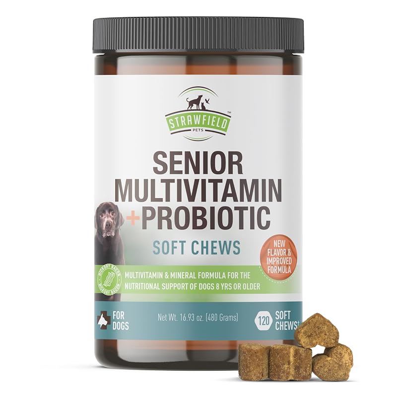 Multivitamínico para Cães Idosos Strawfield Pets com Probióticos e Sabor Hickory Bacon, 120 Unidades Mastigáveis