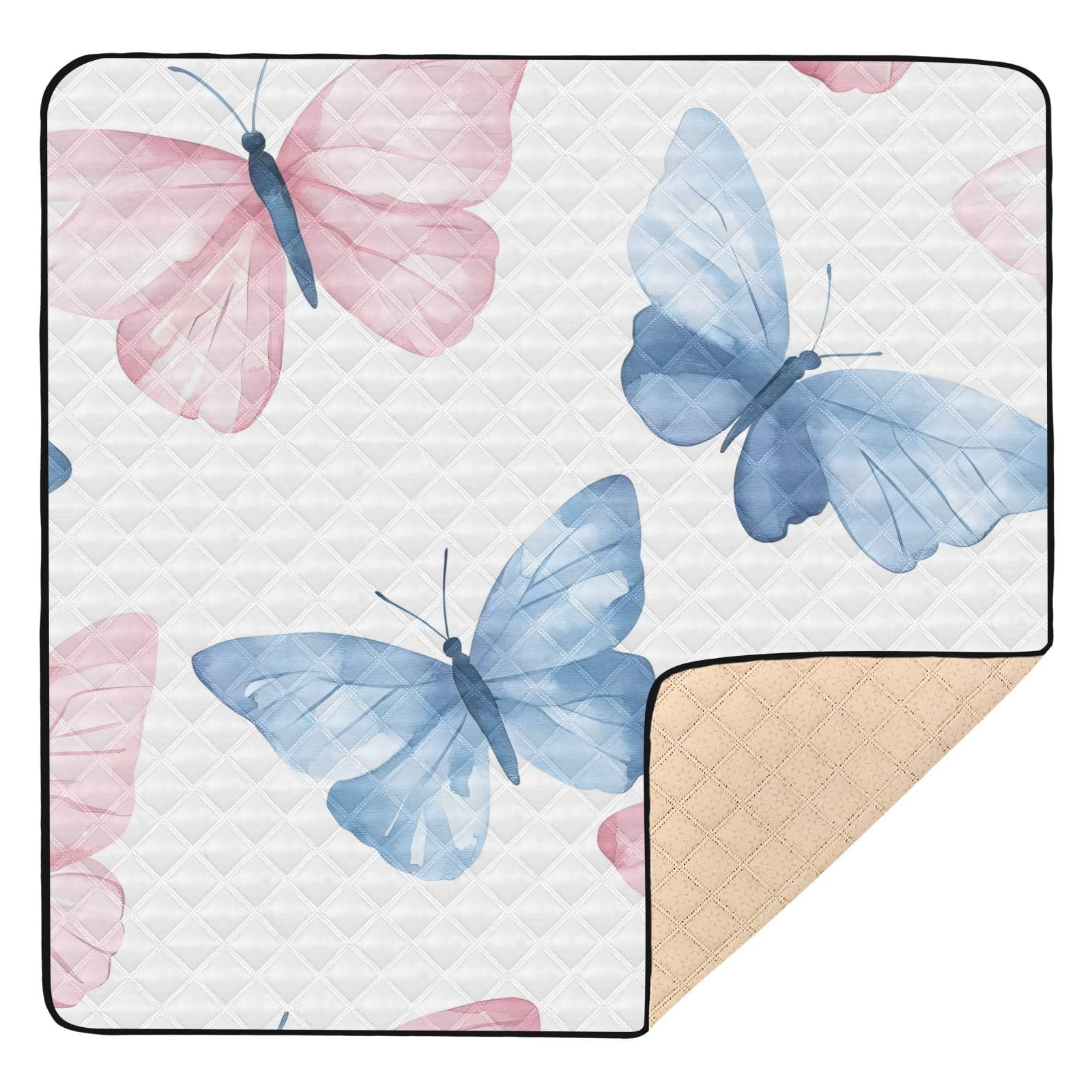 BOESI Watercolor Colorful Butterfly Pattern Baby Play Mat, 50“ X 50” Washable Folding Crawling Mat, Baby Floor Mat, Soft, Thick, Non-Slip