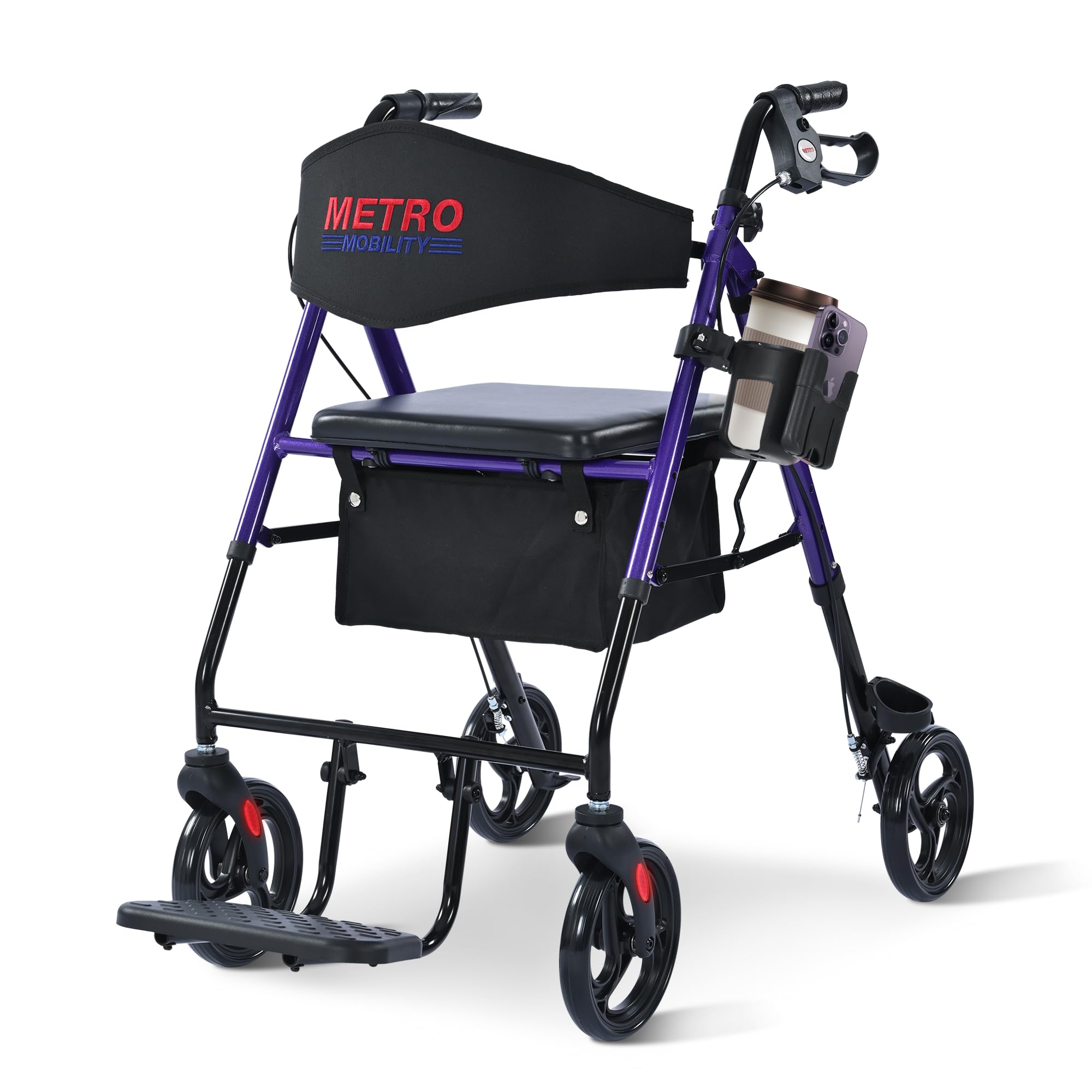 2 in 1 Rollator Walker & Transport Wheelchair, Foldable Lightweight Rollator Walker with Seat for Seniors, 8" Big Wheels for All Terrain, 300 lb. Weight Capacity, Purple