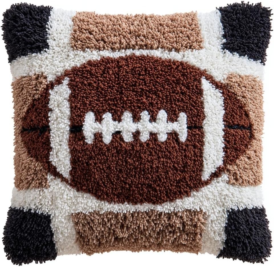 Latch Hook Pillow Kit Football with Pre-Printed Pillow Cover DIY Pillowcase Crochet Yarn Hooking Craft Set for Hobby and Home Decor 43x43cm-2