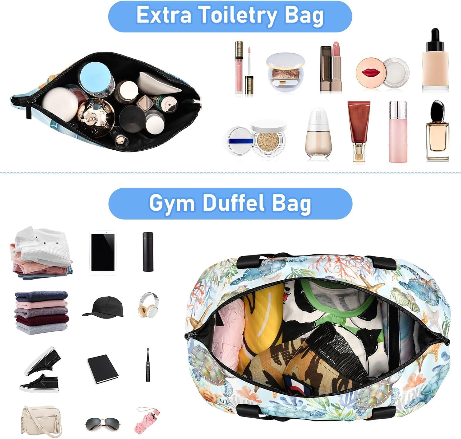 Travel Duffel Gym Sports Luggage Bag Expandable Large Capacity Sea Turtles Cute Sports Bag for Women and Men