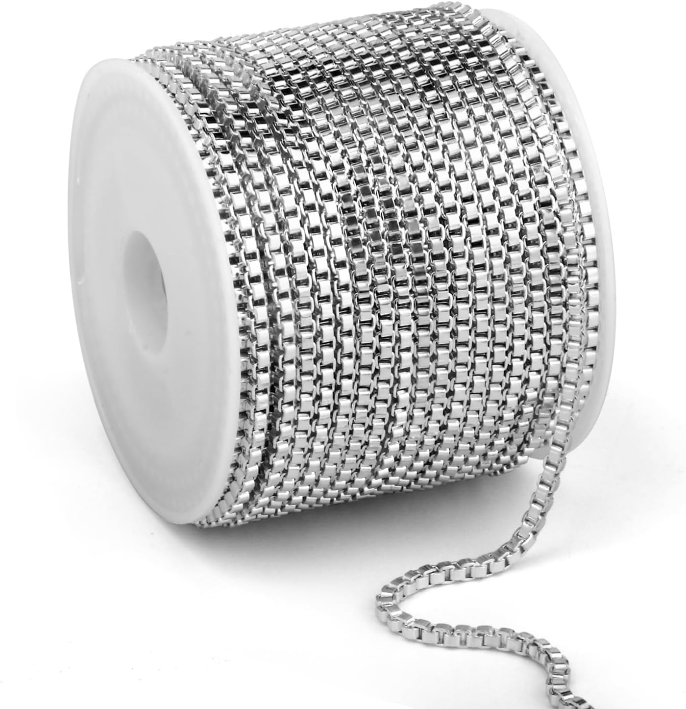 [33 FT] Silver Box Chains Roll, 1.5mm Wide Silver Plated Brass Box Chains Spool Bulk for Jewelry Making
