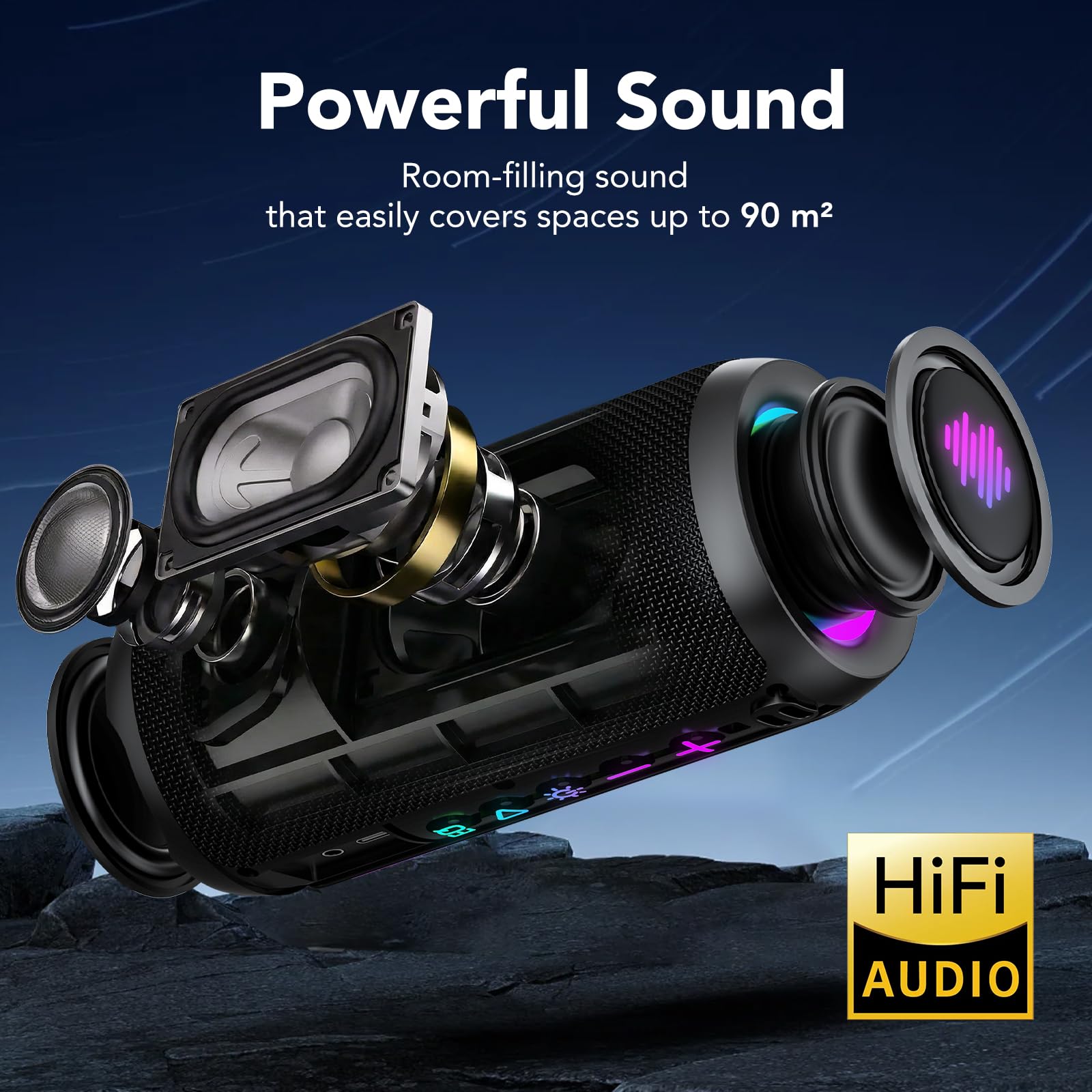 TIMU Altavoz Bluetooth 5.4 Portátil, 25 W con Graves Profundos | 8 Modos RGB, 24H de Reproducción, 2 EQ Modes, TWS, IPX7, Compatible con Micro SD y AUX, Tamaño Compacto Tipo Móvil