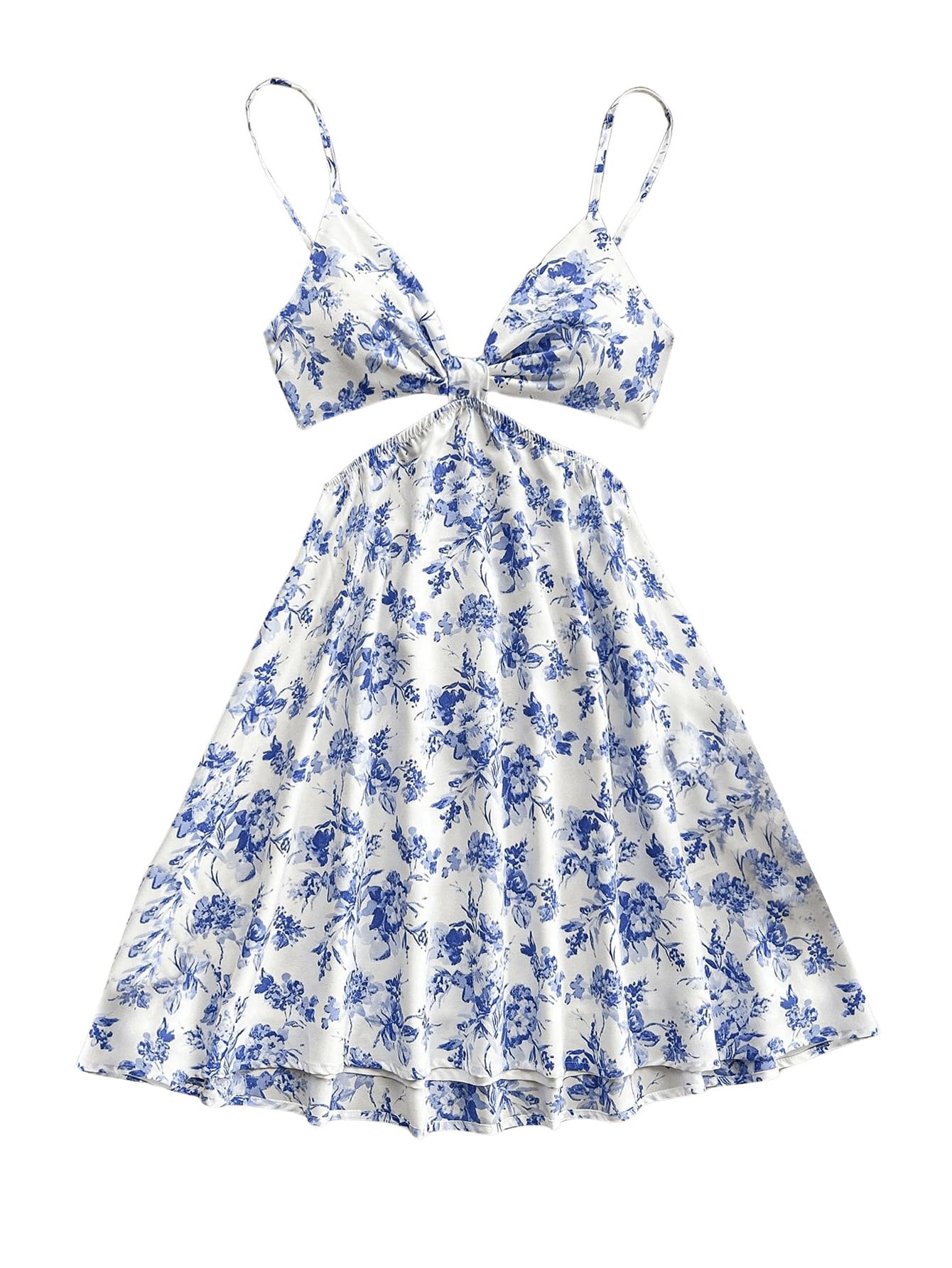 WDIRARA Women's Floral Print Cut Out V Neck Cami Dress Boho Tie Back Flared Midi Dresses