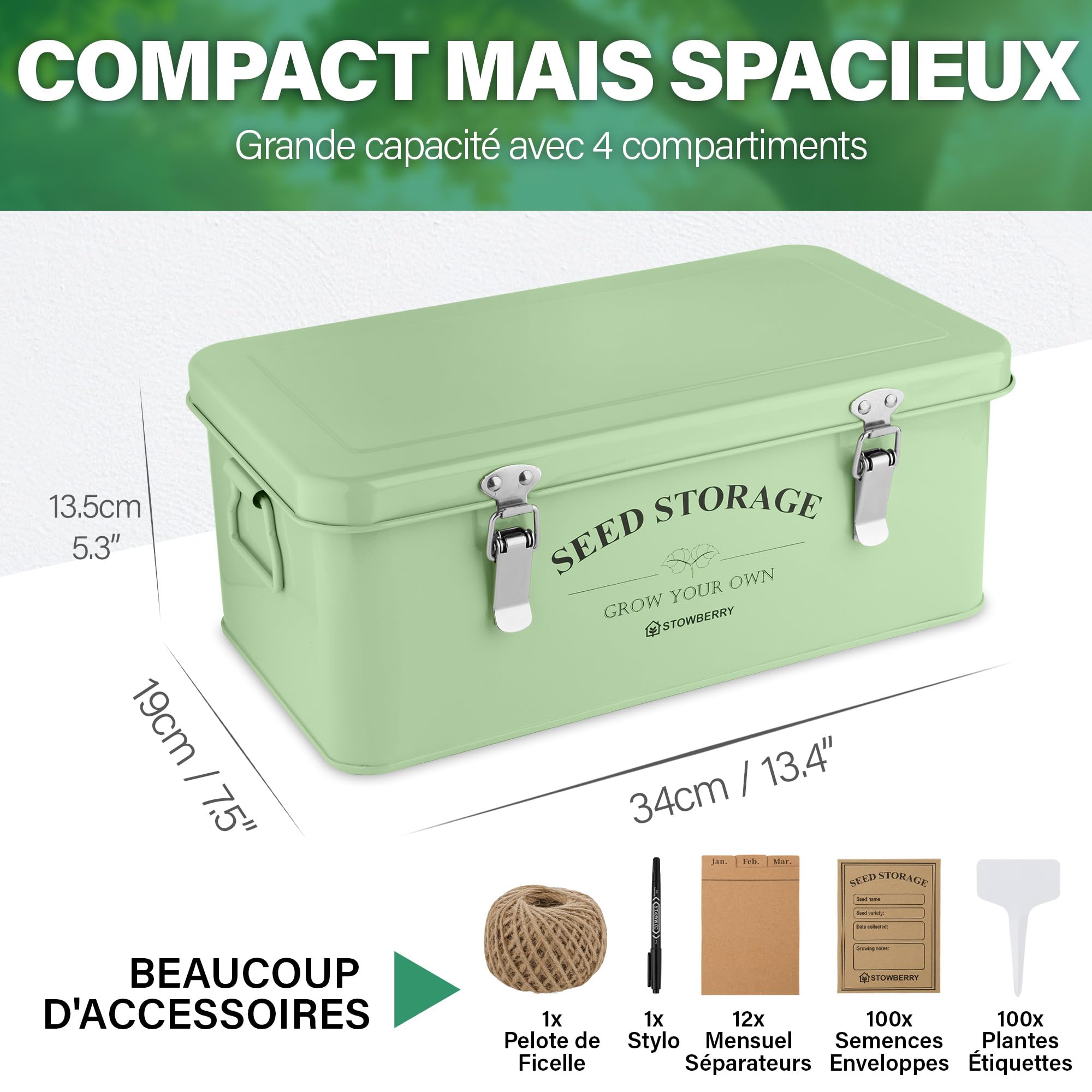 Boîte de rangement pour graines – Boîte à graines Green Garden avec couvercle, poignées, 4 compartiments – Contenant pour sachets de graines – Idée cadeau avec plus de 200 accessoires