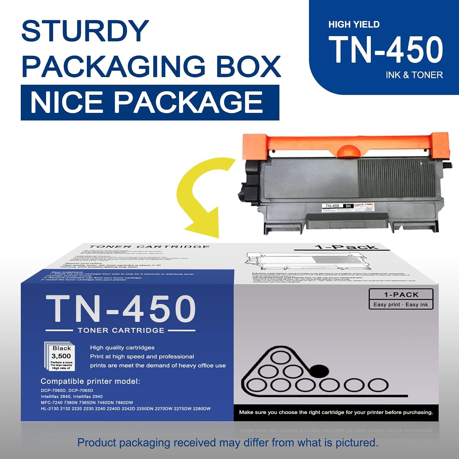 1 Pack TN450 TN-450 Black Toner Cartridge Compatible TN450 Replacement for Brother TN450 DCP-7060D 7065DN IntelliFax-2840 2940 HL-2220 2230 2240 2240D 2275DW 2280DW MFC-7240 7360N 7365DN 7860DW Printe