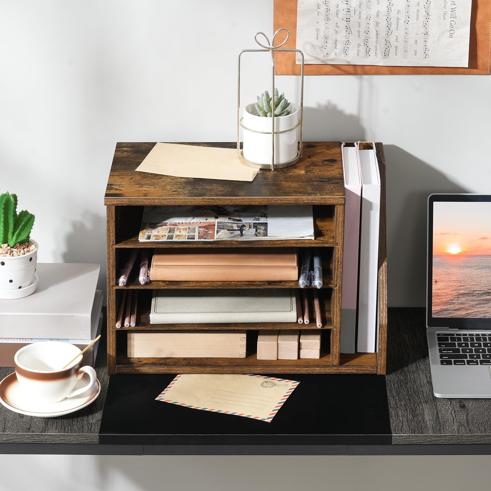 HOOBRO Organisateur à Dossier en bois d’ingénierie, Bannette de Rangement Bureau, Rangement à Courrier, Organisateur de Bureau, pour dossiers, courriers, enveloppes, magazines EFG41WF01