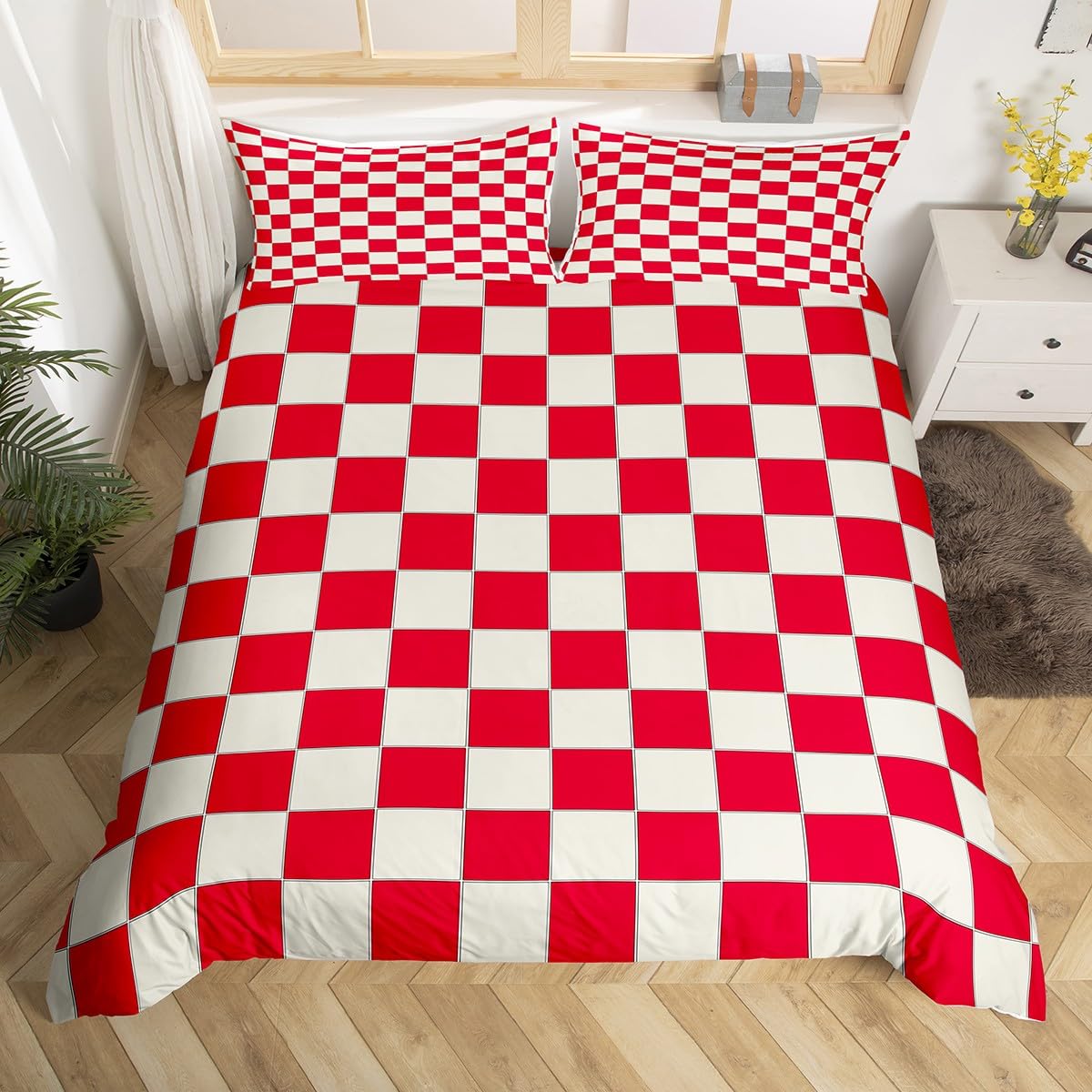 Plaid Comforter Cover Double Beige Red Checkerboard Duvet Cover Geometric Checkered Bedding Set For Kids Boys Girls, Aesthetic Grid Quilt Cover Modern Room Decor 3 Pcs