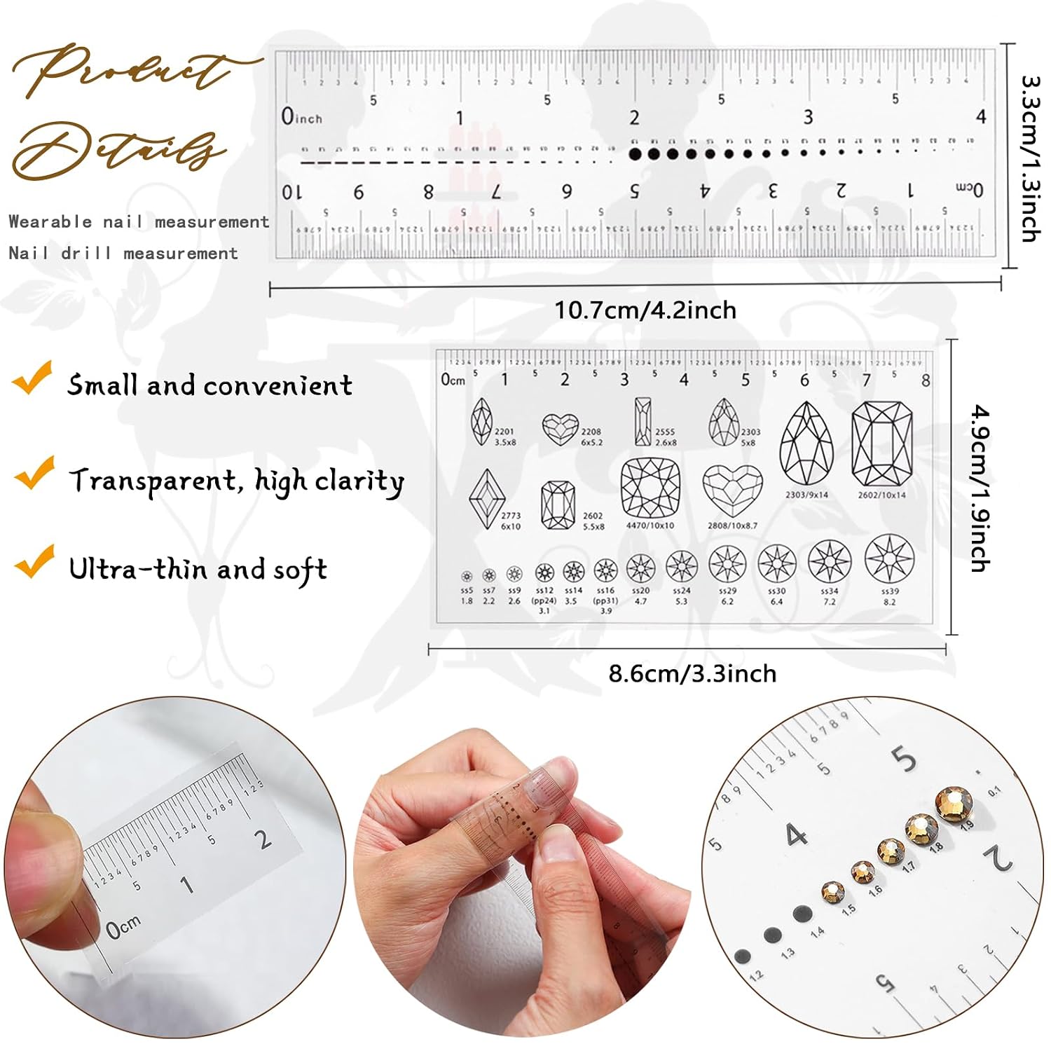 4-Piece Nail Measurement Ruler with Rhinestones - Measuring Tool for Acrylic Nails and DIY Manicure