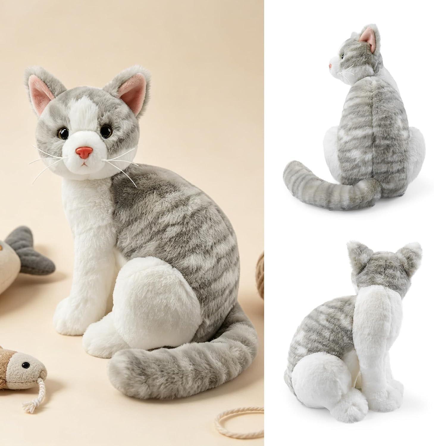 Grey and White Cat Plush Toy 9.8 Inch Realistic Kitten Stuffed Animal Cute Kitty Plushie Comfort Toy Travel Companion Car Accessory Gift for Cat Lovers Nursery Decor Huggable Feline image 4