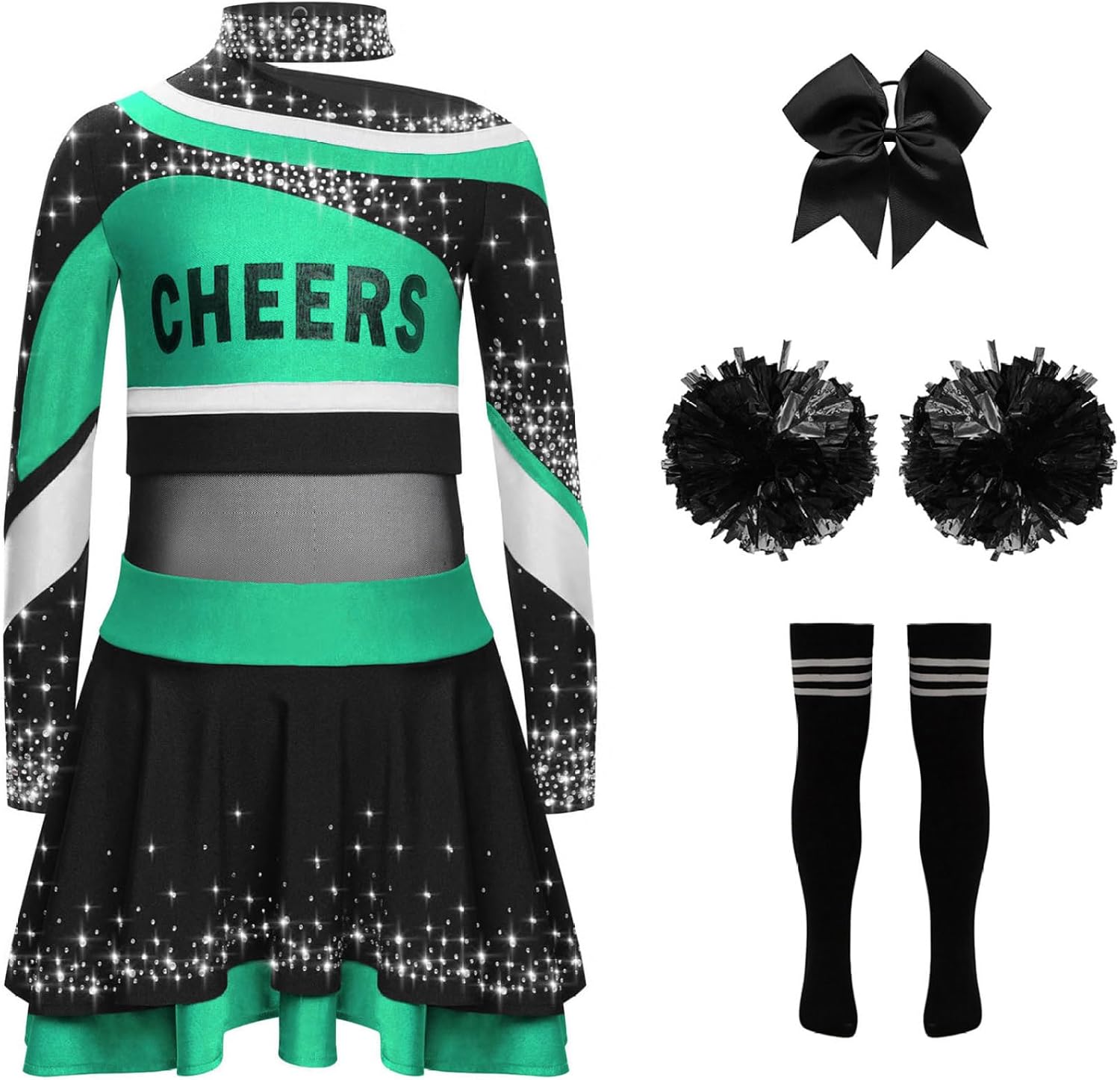 Kids Girls Cheer Leader Uniform Dance Top Skirt Set with Pom Poms Cheerleading Outfit Halloween Cheer Up Green Black 16 Years