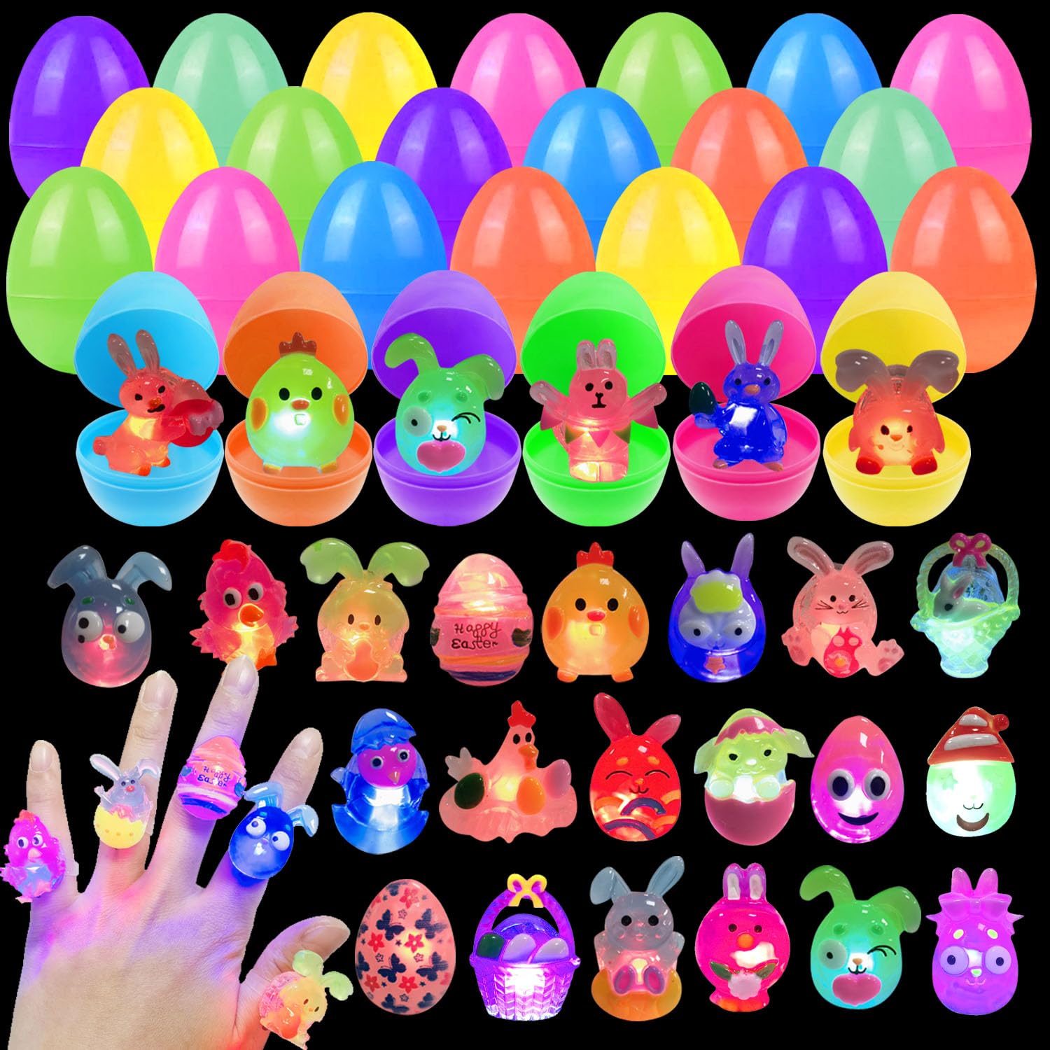 Photo 1 of ***JUST EGGS*** Cherislpy 24 Pack Prefilled Easter Eggs with 3D Finger Lights Up Rings Toys Grow in the Dark Great for Kids Girls Boys Easter Basket Stuffers Party Favors Eggs Fillers (Easter)