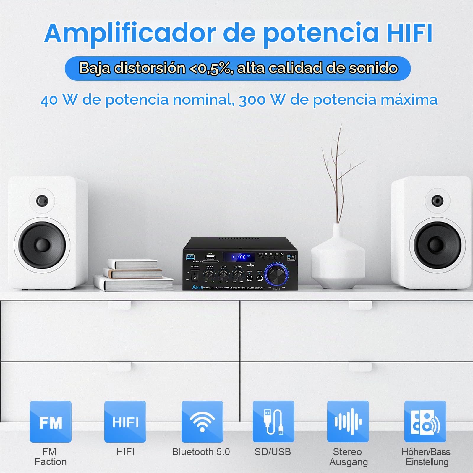 Amplificador de Audio HiFi Siekkey con Bluetooth, Mini Amplificador Estéreo 2.0 Canales 400W X 2, Radio FM, BT, Mic, Entrada SD/USB, Cable de Audio para Home Cinema | Amplificador 2.0 canales 400W x 2 con radio FM, BT MIC, entrada SD/USB, cable de audio p