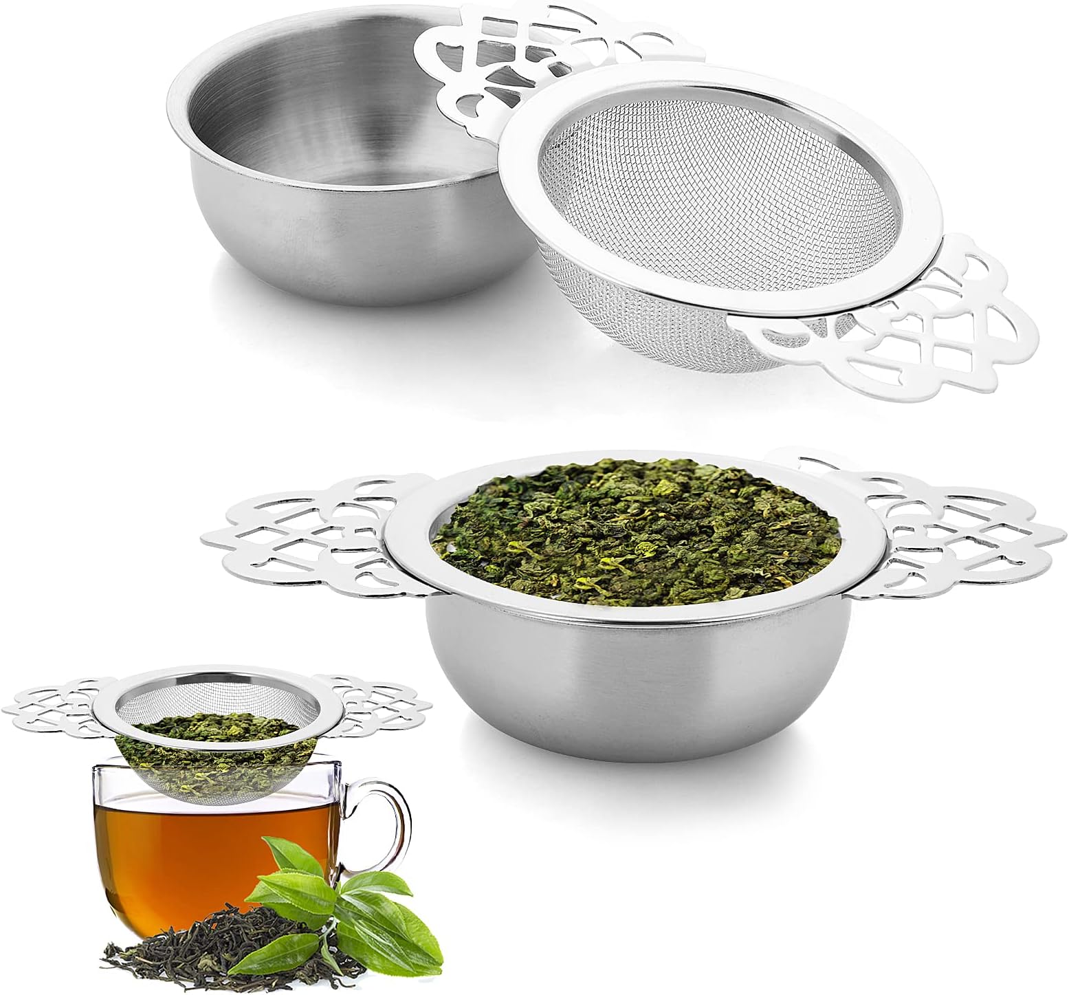 2 Pack Small Fine Mesh Tea Strainers with Bowl, Stainless Steel Loose Tea Infusers Strainers 7 cm Diameter Tea Filter with Double Wing Extender Ideal for Loose Tea Juice Coffee Filter