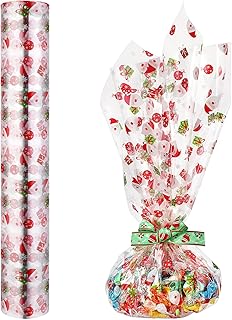 STOBOK Boże Narodzenie rolka celofanowa | 100. x 32 cale szerokości | grubość 3 Mil | torebki Santa celofan | kryształ przezroczysty z wzorami na prezenty koszyki leczone celofanowe