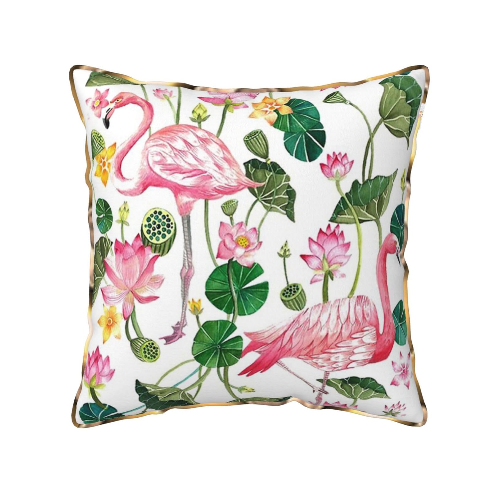 AUBKFELD Flamingo Bird Round Leaves Printed Velvet Cushion Cover 50x50 CM with Gold Edging Strip, Square Pillowcase Soft Throw Pillow Covers Case Decorative for Living Room Sofa Couch Bed Bench