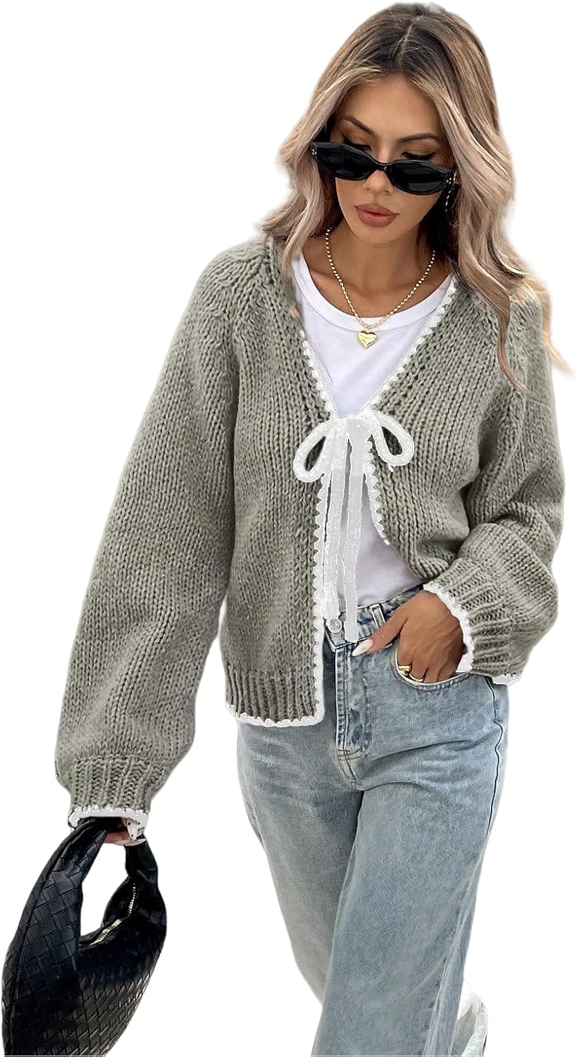 Tie Front Cardigan Fall Cardigans for Women Cute Bow Sweater Jacket Warm Boho Casual Jackets for Women Trendy