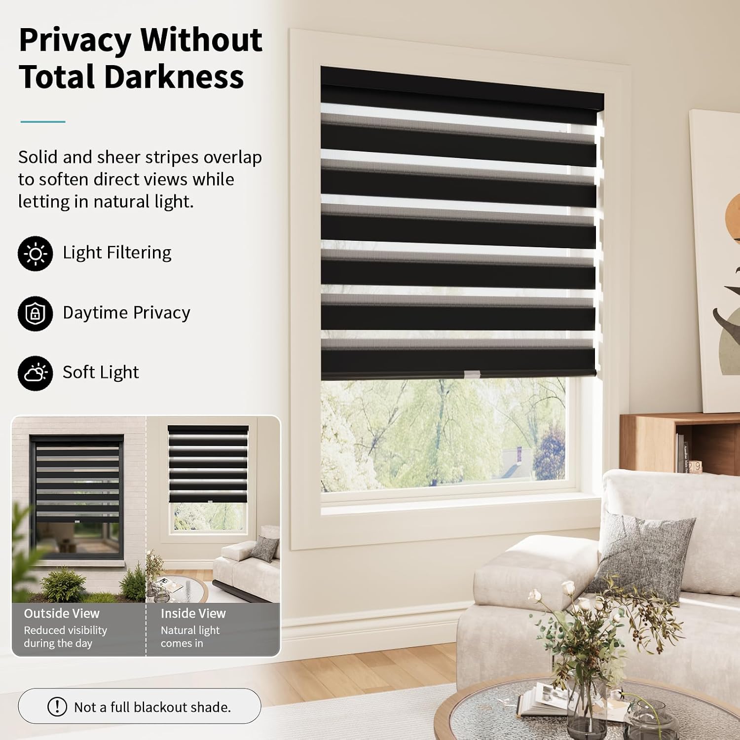 MYshade Cordless Zebra Blinds for Windows with Free-Stop(Black,16" W x 50" H) Dual Layer Shades for Day & Night Privacy and Light Filtering, Perfect for Home & Bedroom, Easy to Install