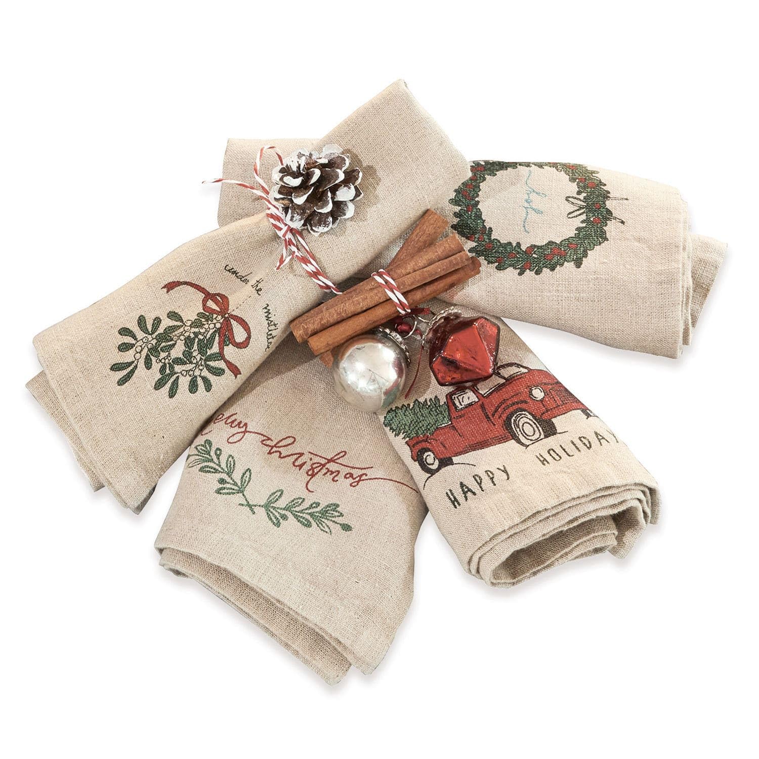 LOBERON Serviette 4er Set Camon, beige | Servietten Beige Mit Farbenfrohen Weihnachtsmotiven - Stoffservietten Aus Leinen - Waschbar & Wiederverwendbar - 4 Stück