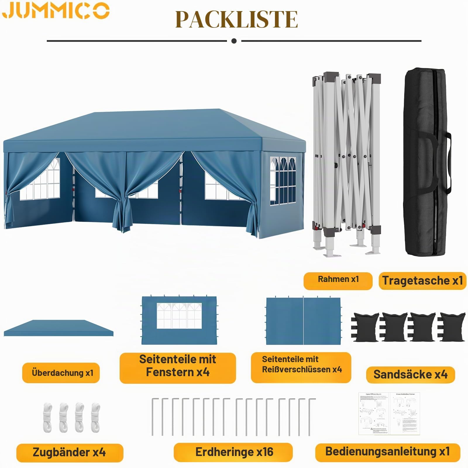 JUMMICO Pavillon 3x6 Wasserdicht Stabil Winterfest Höhe Verstellbar,Faltpavillon mit 6 Seitenwänden,Pavillion UV Schutz 50+,Gartenpavillon Faltzelt für Garten, Innenhof, Camping,Gazebo Blue