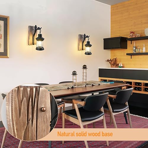 Miniatura 3 de Lámparas de pared rústicas, apliques de pared vintage, juego de 2 lámparas de pared de madera antigua de granja con iluminación montada en vidrio