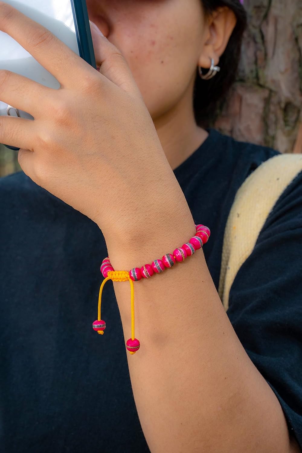 Tibetan Mala Embedded Medicine Wrist Mala for Meditation Handmade Draw String Silk Pouch - Image 2