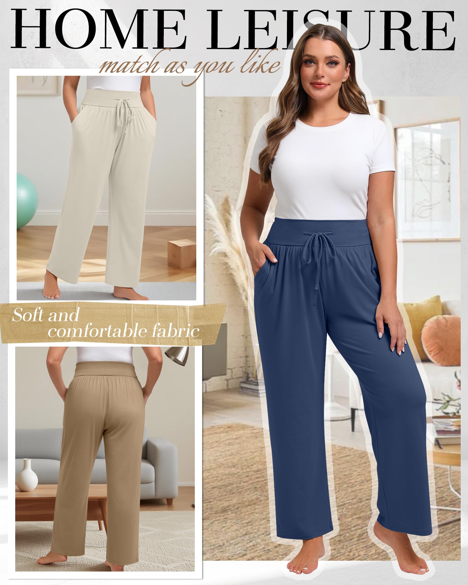 Neer Pack de 3 Pantalones de Loungewear para Mujer de Talla Grande, Pantalones de Yoga de Pierna Ancha con Bolsillos