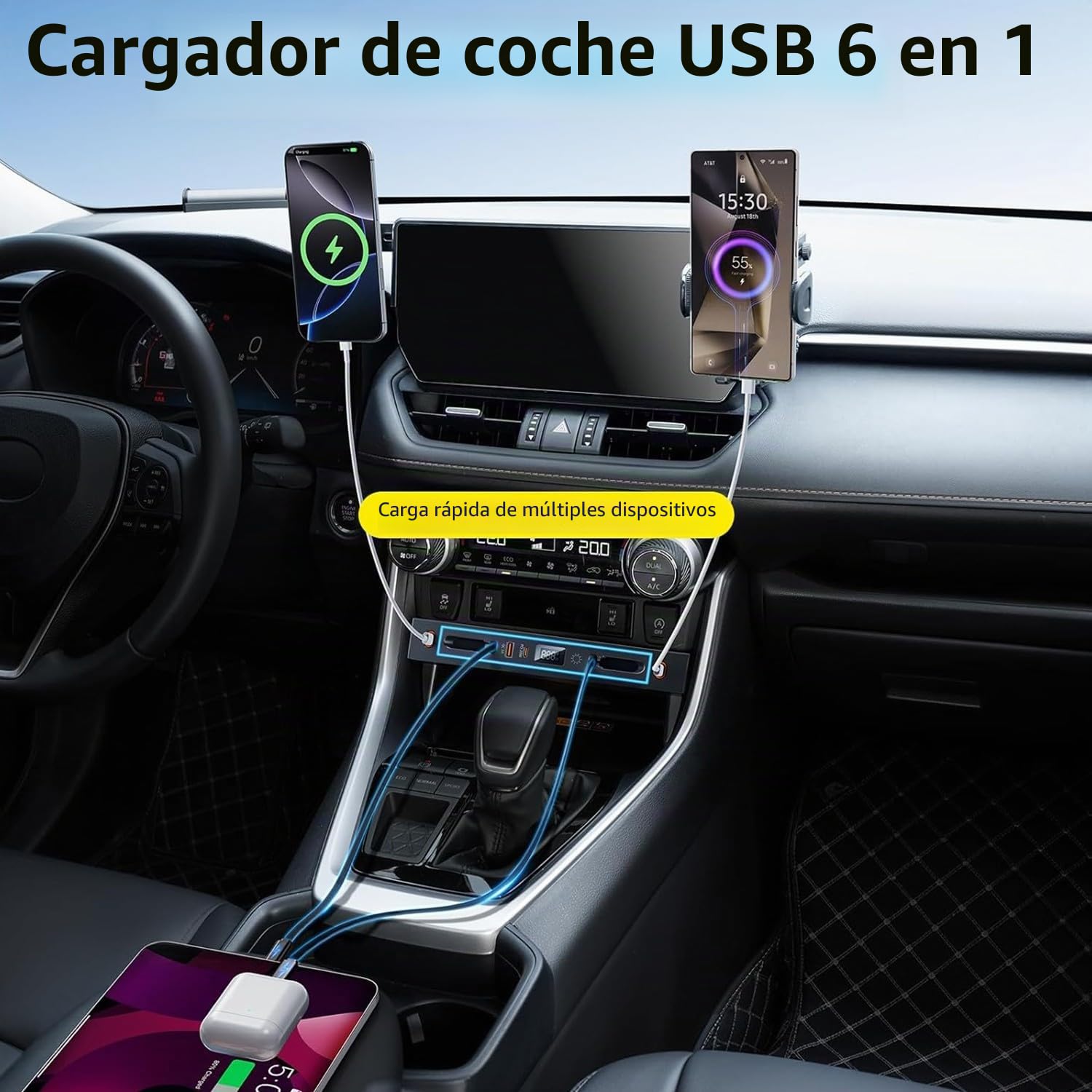 Concentrador USB para Coche Toyota RAV4 2020-2025, Estación de Acoplamiento Retráctil Multipuerto, Cargador Rápido de Teléfono para Consola Central con luz RGB para Toyota RAV4 Accesorios(Black)
