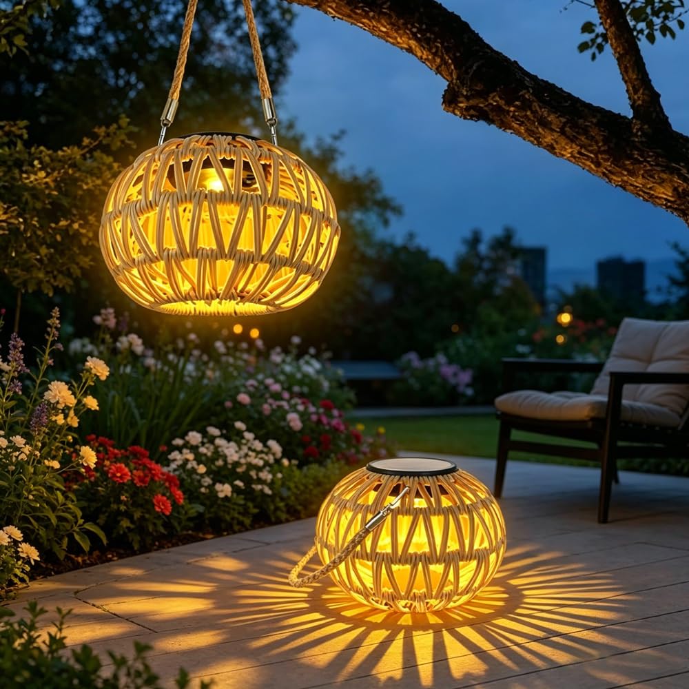 2 lampade solari in rattan, rattan, in rattan, per esterni, da appendere, a energia solare, per esterni, boho, a maglia solare, con IP65, resistente alle intemperie, per giardino, terrazza