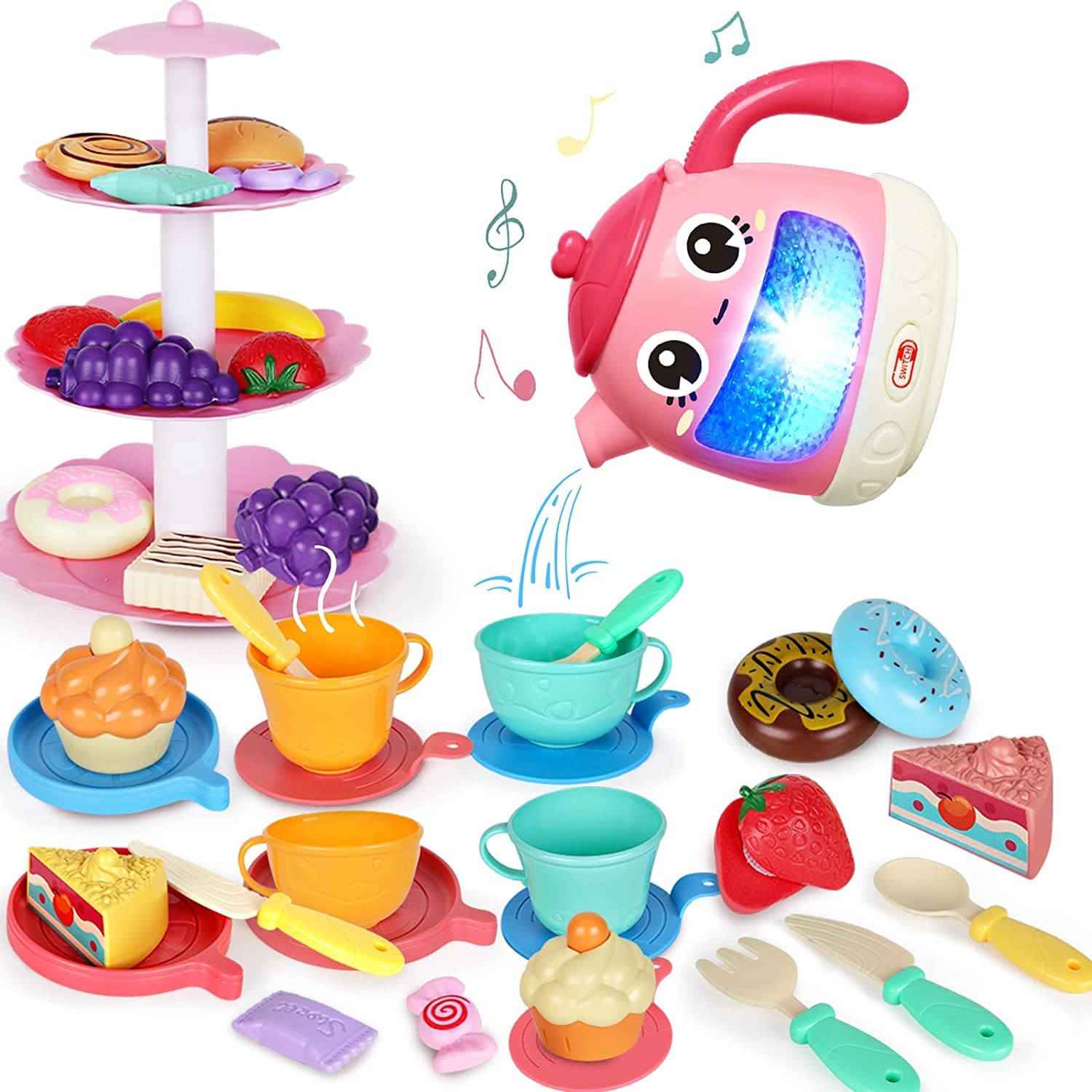 Tea Set for Little Girls, 48 PCS Tea Party Set,Princess Tea Time Toy Including Kettle with Music & Light, Cookies, Kids Play Food, Tea Party Accessories,Kids Kitchen Pretend Play for Girls Boys