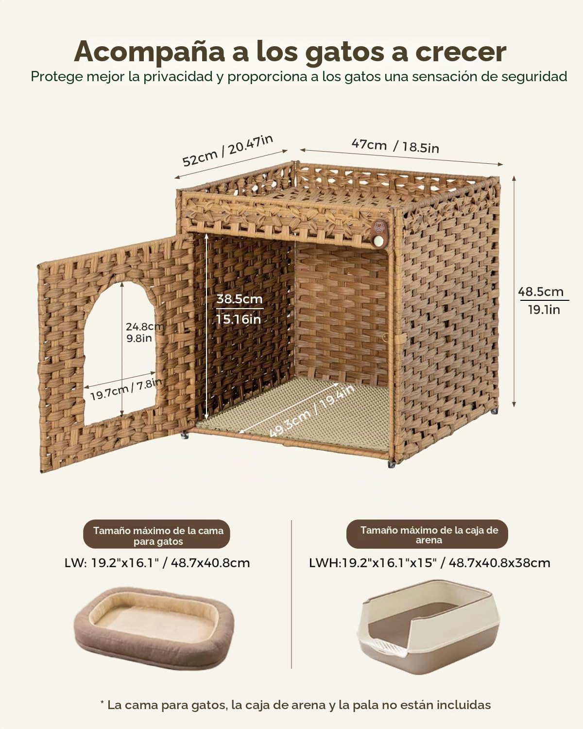 Mueble arenero Gatos Casa para Gatos, ratán Trenzada a Mano con Alfombra, 52 x 47 x 48,5 cm, Color Natural