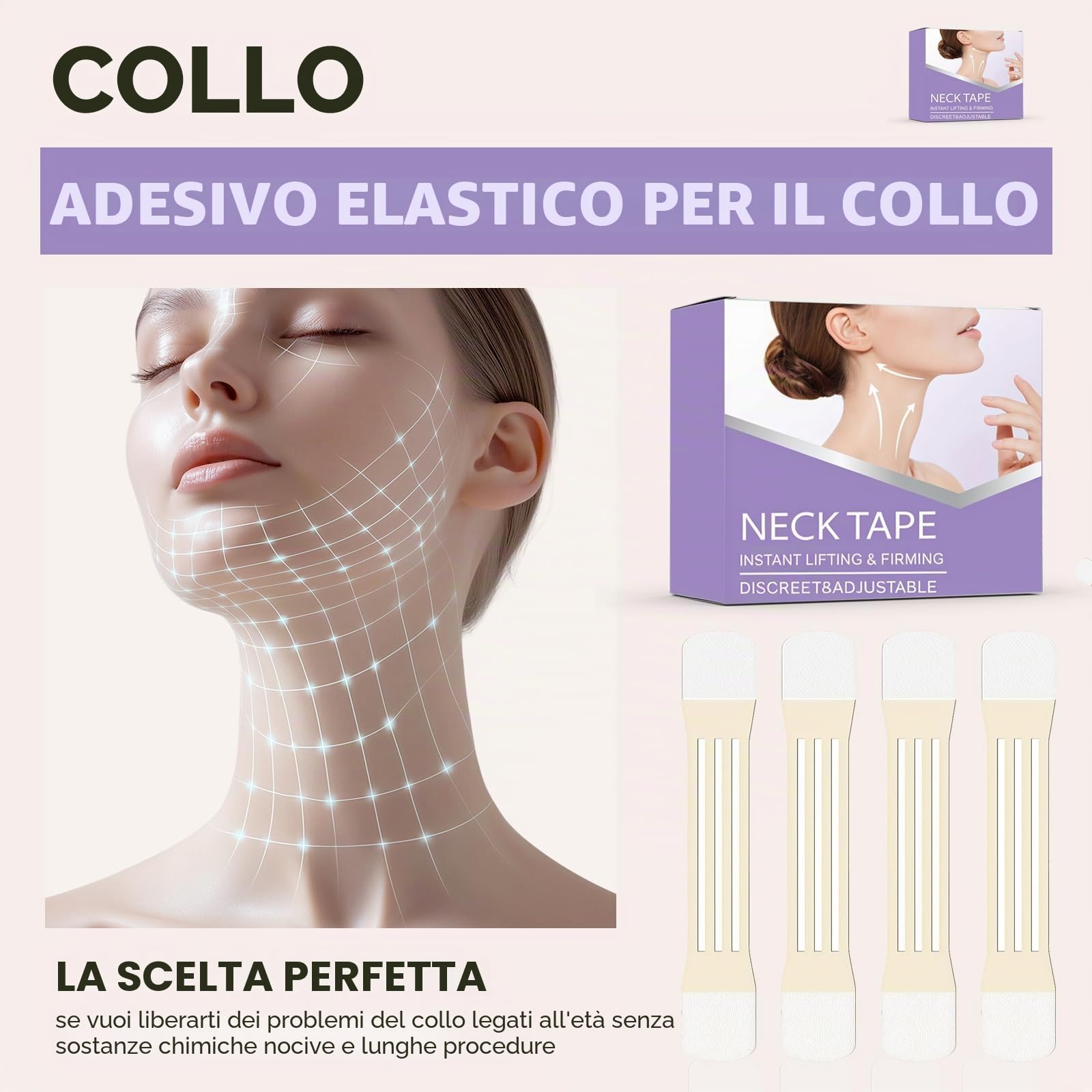 24 patch Adhésif De Lifting du Cou, Autocollant De Levage du Cou, 20 patch Invisibles + 4 Élastiques, accessori di bellezza anti-invecchiamento per Contour V Instantané, Visage, Yeux